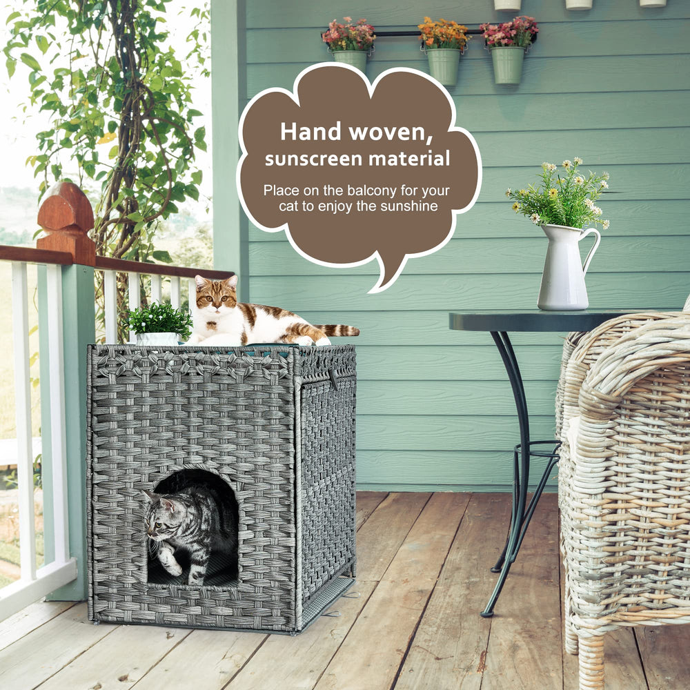 Honiakaka mueble oculto para gatos en ratán ofrece privacidad y luz natural