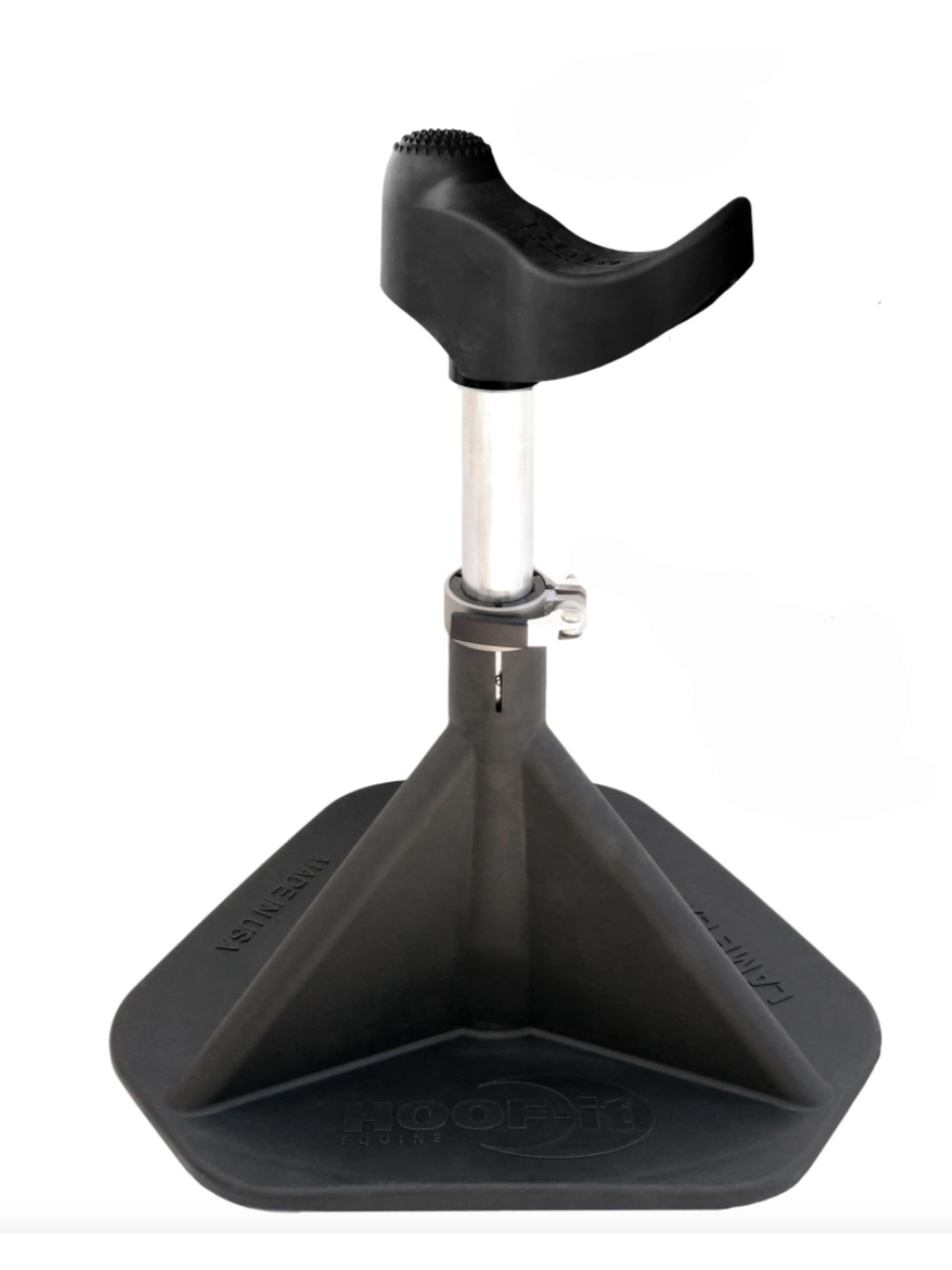 Hoof-It soporte de herradura, vista frontal, estable para manejo seguro del casco.