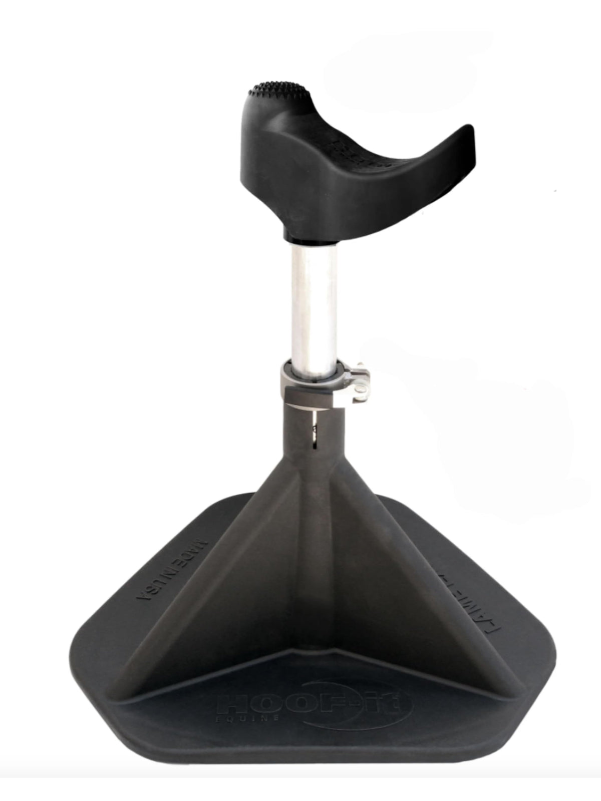 Hoof-It soporte de herradura, vista frontal, estable para manejo seguro del casco.