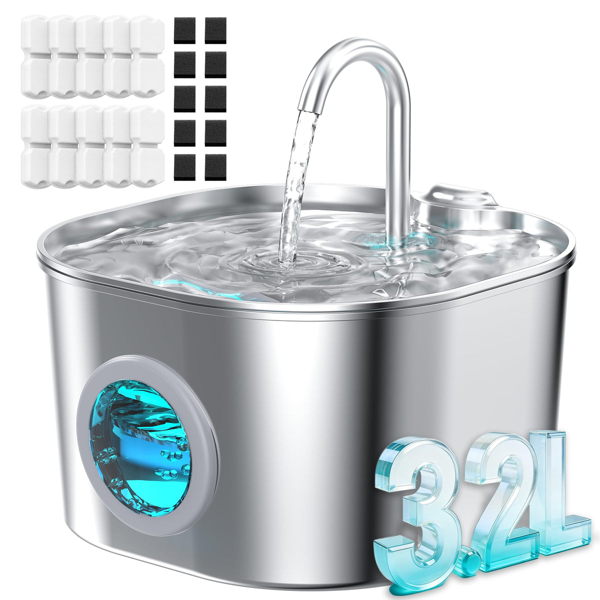HOOISE fuente de agua para gatos con cuerpo de acero inoxidable y gran capacidad