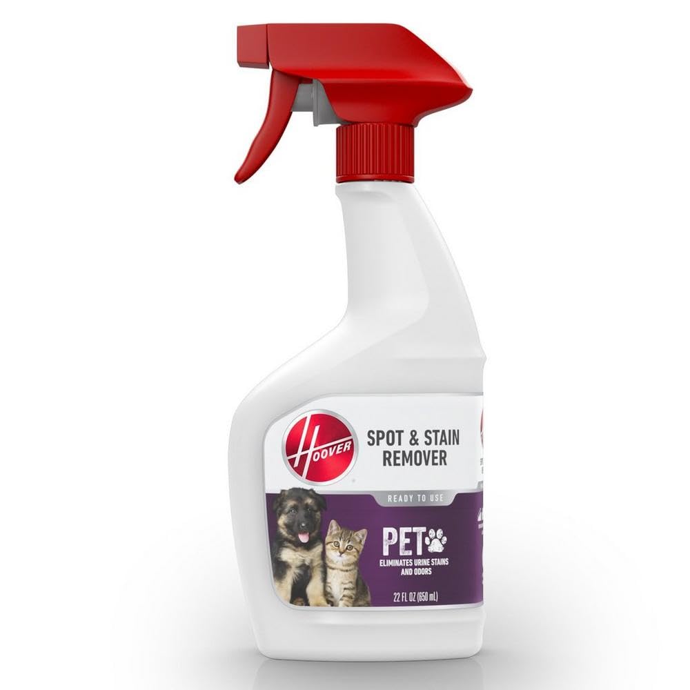 Hoover Pet Pre-Treat Spray para alfombras con eliminador de manchas de mascotas.