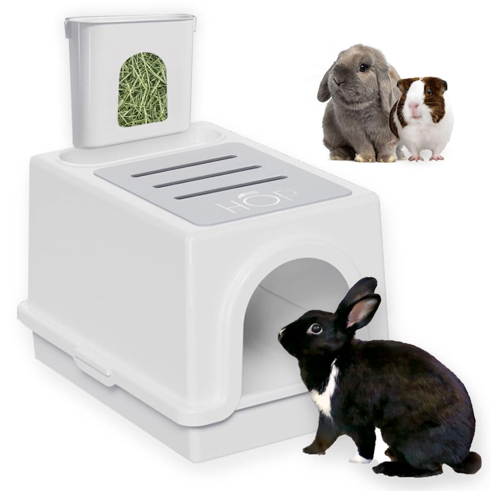 HOP caja de arena para conejos con diseño de cuatro partes, enfoque en la funcionalidad.