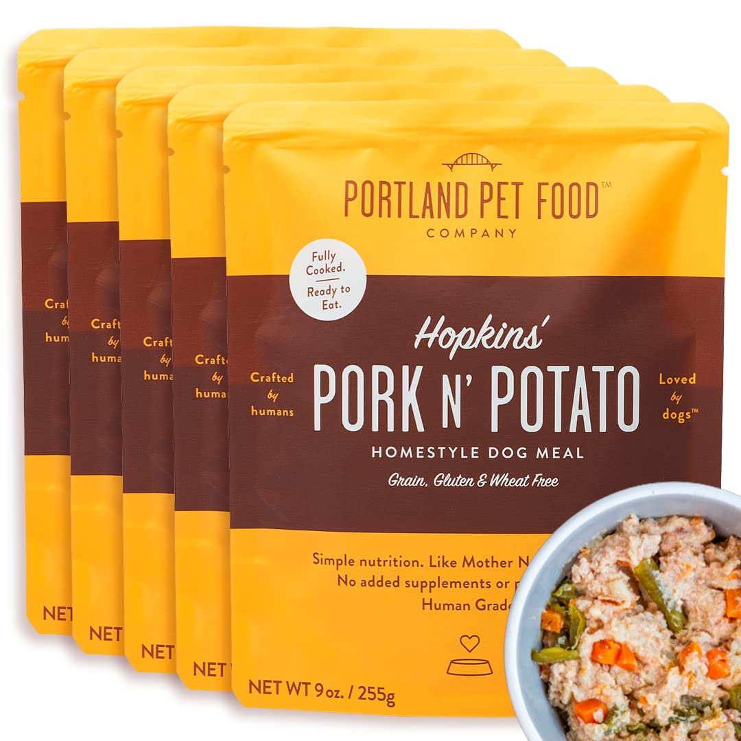 Hopkin's Pork N’ Potato, frente del saco: empaque apto para microondas y servir rápido.