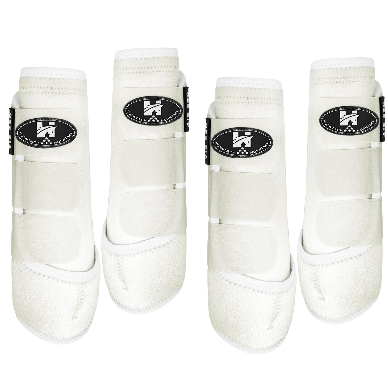 Botas Horntack para espinillas en caballo blanco grande, protección de tendones y ajuste frontal.