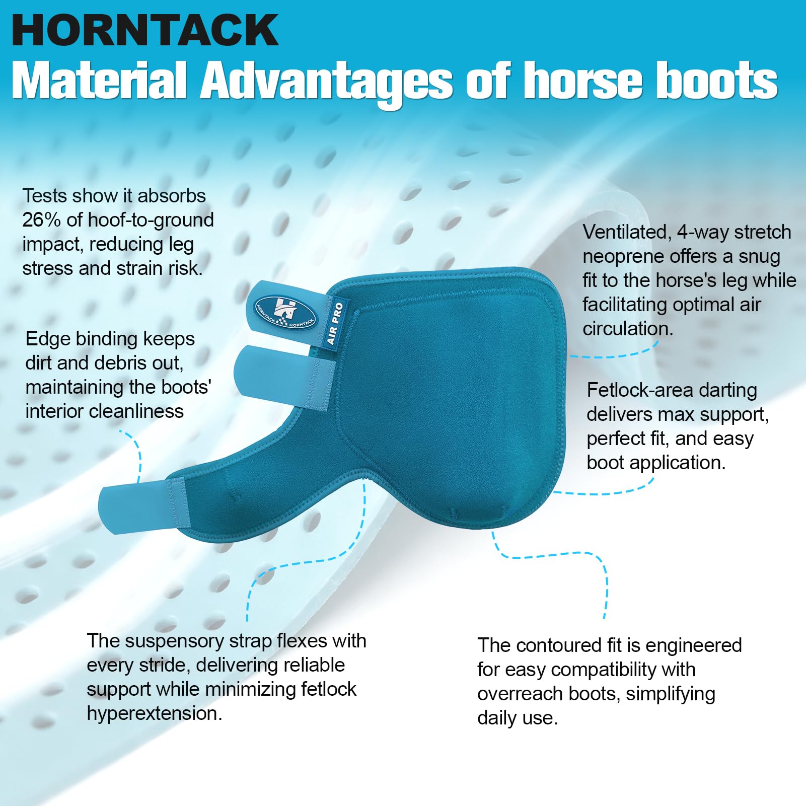Diseño ergonómico Horntack: protección que se adapta a la pierna del caballo.