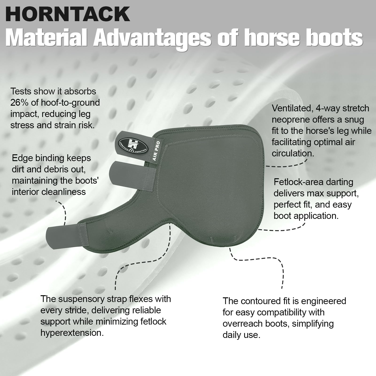 Horntack marcas en relieve indican frontal y trasero para colocación correcta.
