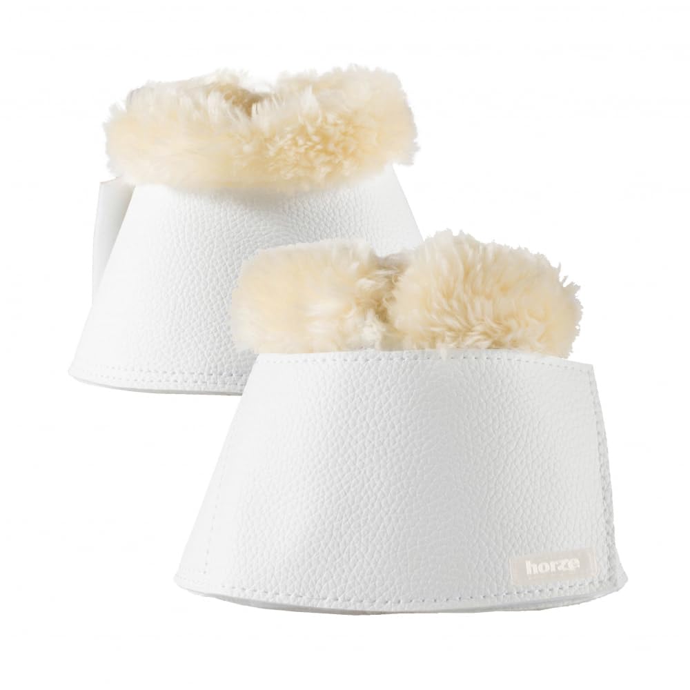 Horze Signature Bell Boots blancas, vista frontal, protegen talones durante saltos.