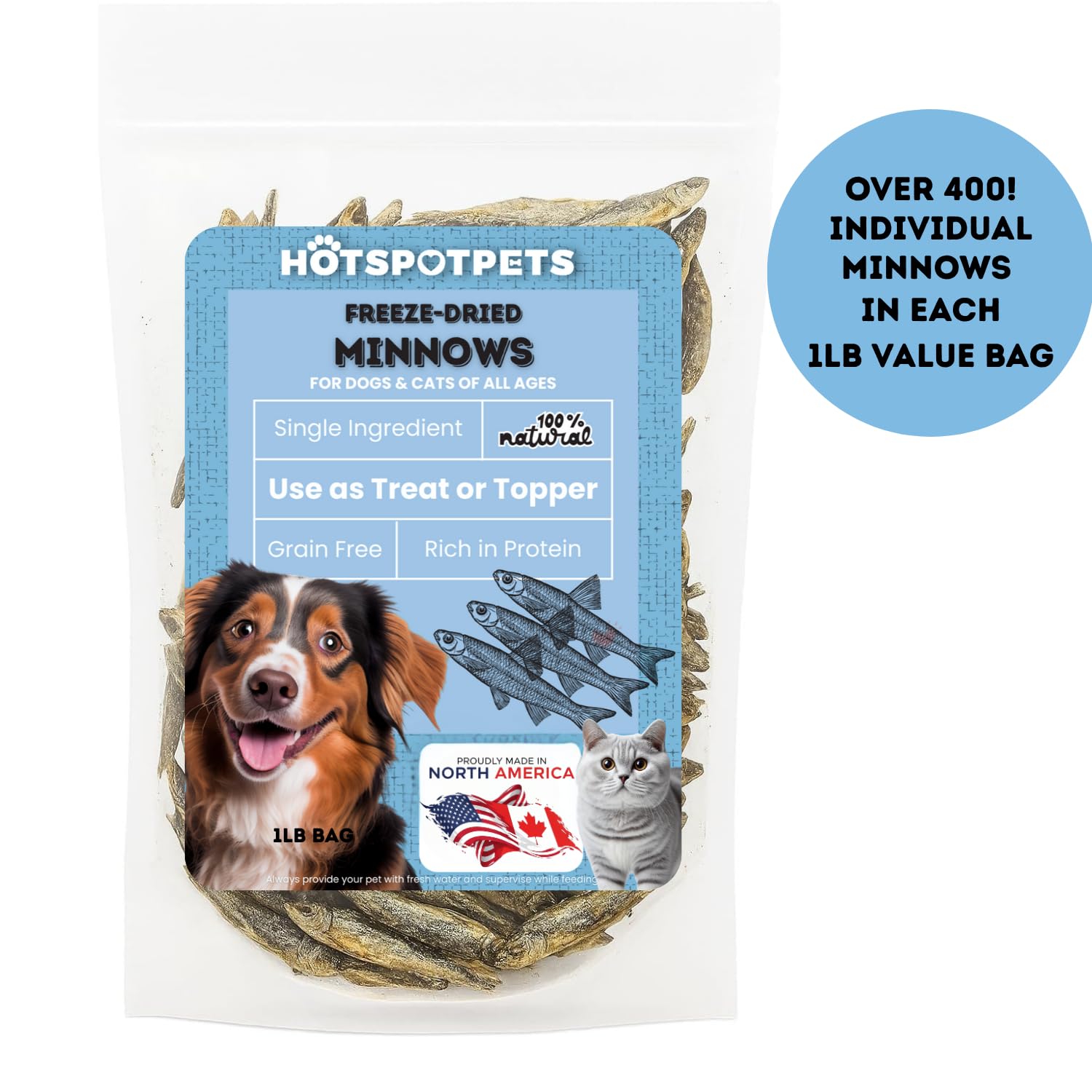Hotspot Pets pececillos liofilizados, premio para entrenamiento, sin rellenos ni conservantes.