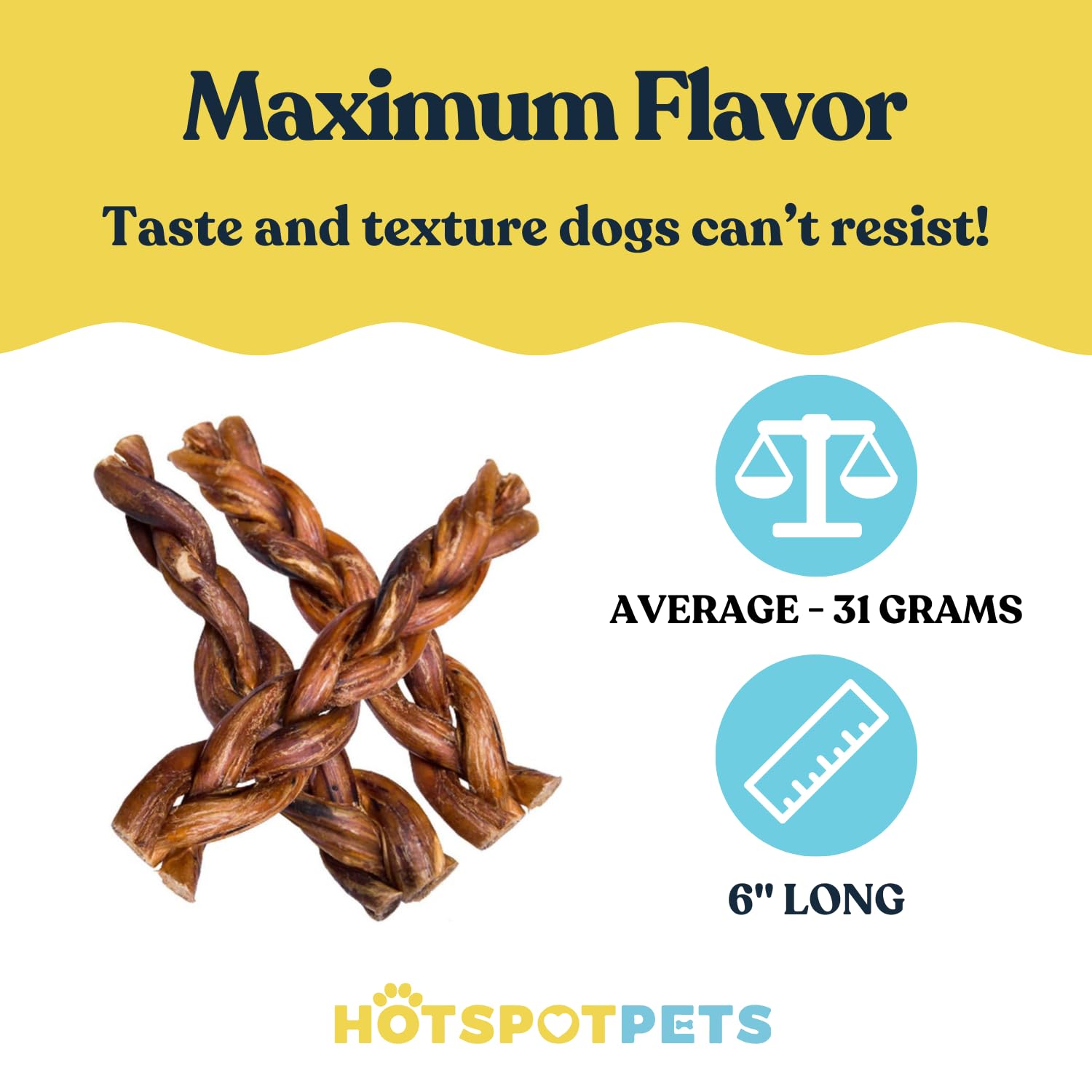 Hotspot Pets perro disfrutando palitos trenzados de carne, 6 pulgadas, apoyo a la higiene bucal.