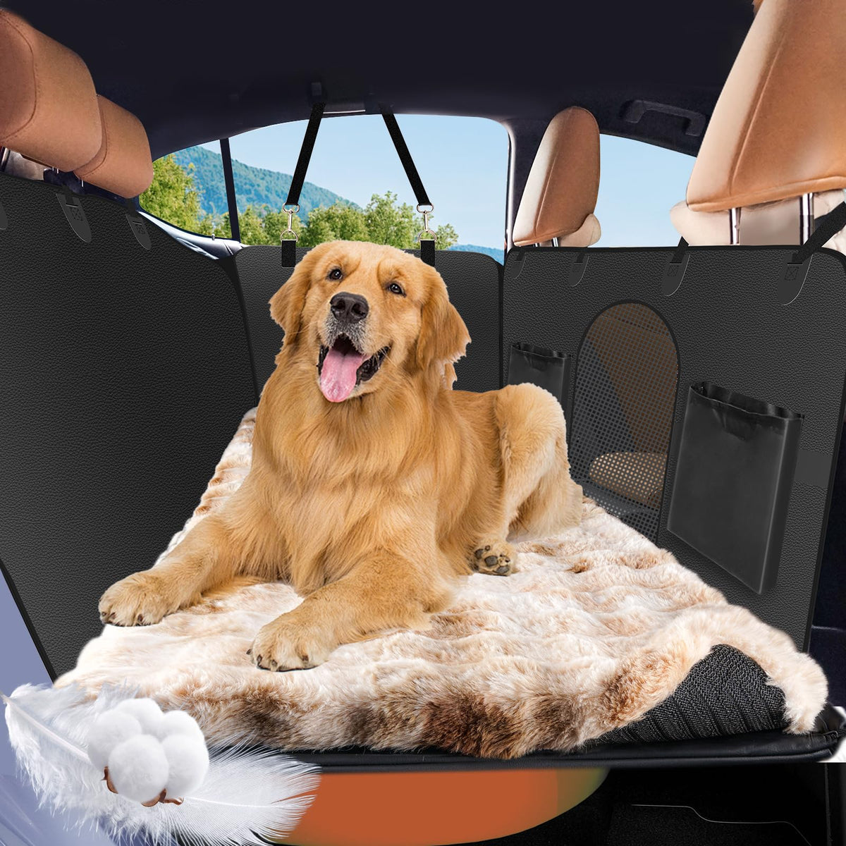 Cama HOTYPXQ para perro en asiento trasero, descanso seguro durante el viaje.