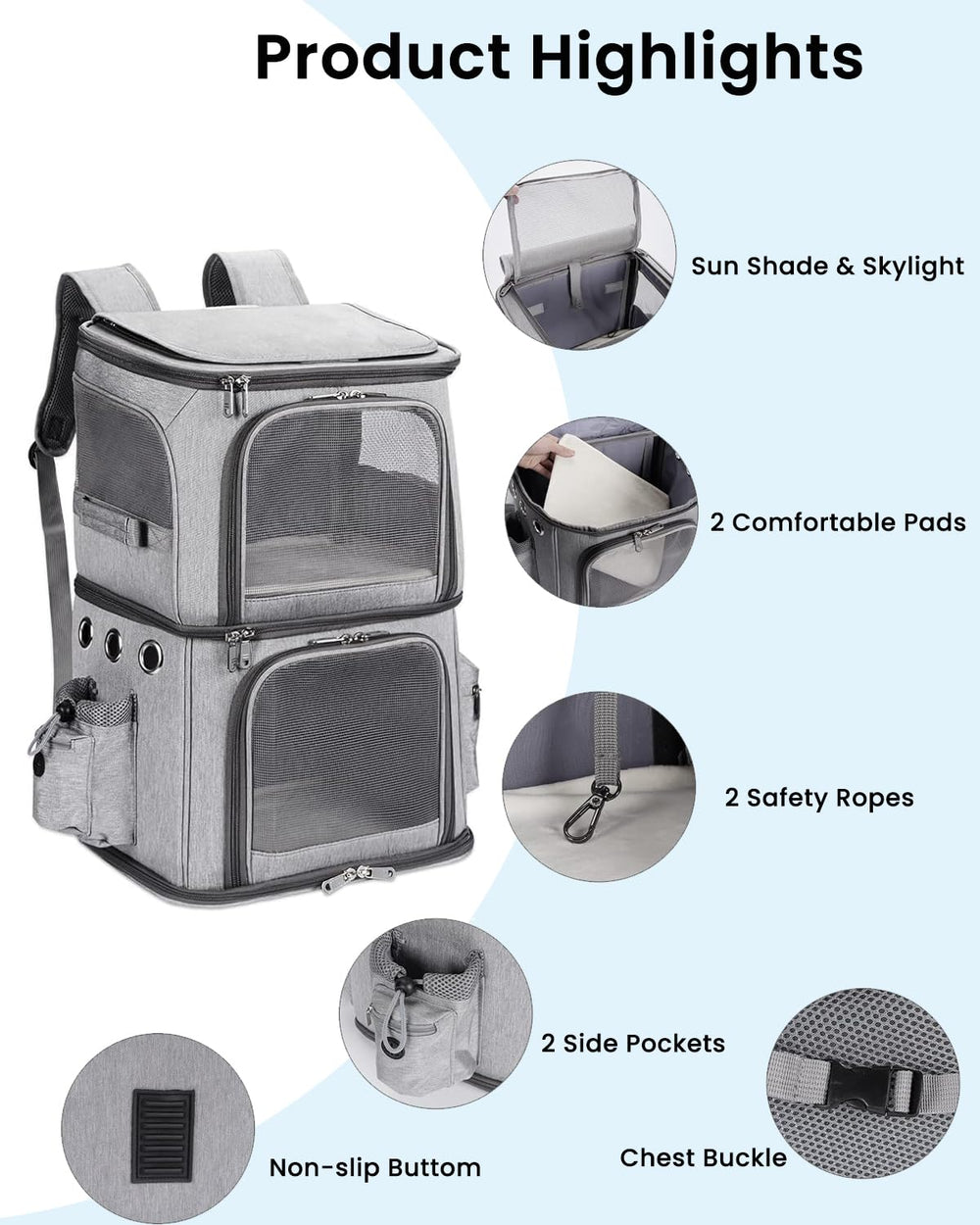 Mochila HOVONO para mascotas con acolchado trasero y correas para mayor comodidad en viajes.