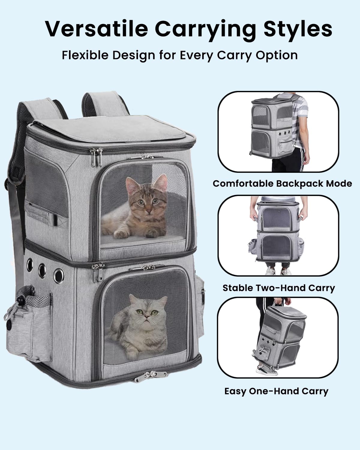 Mochila HOVONO con capacidad para dos mascotas pequeñas, hasta 16 libras por compartimento.