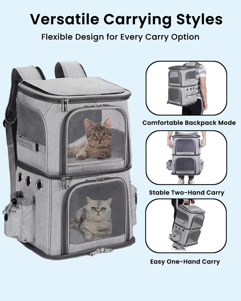 Mochila HOVONO con capacidad para dos mascotas pequeñas, hasta 16 libras por compartimento.