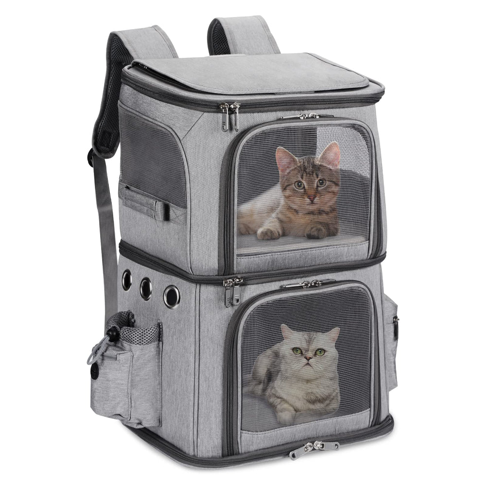 Mochila para mascotas HOVONO de doble compartimento, vista frontal, ideal para viajar con dos mascotas.