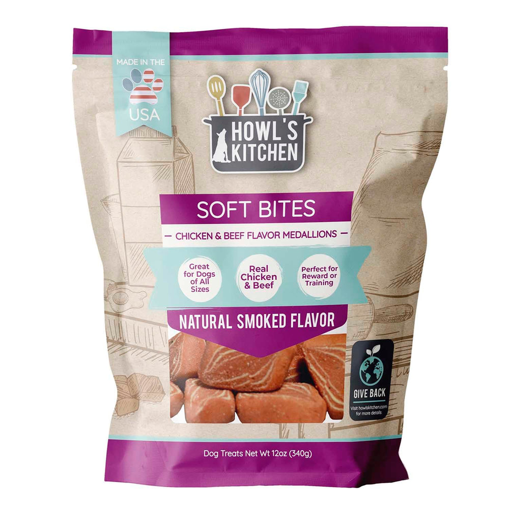 Howl's Kitchen Soft Bites sabor pollo y carne, bolsa de 340 g, ideal para recompensa en entrenamiento.