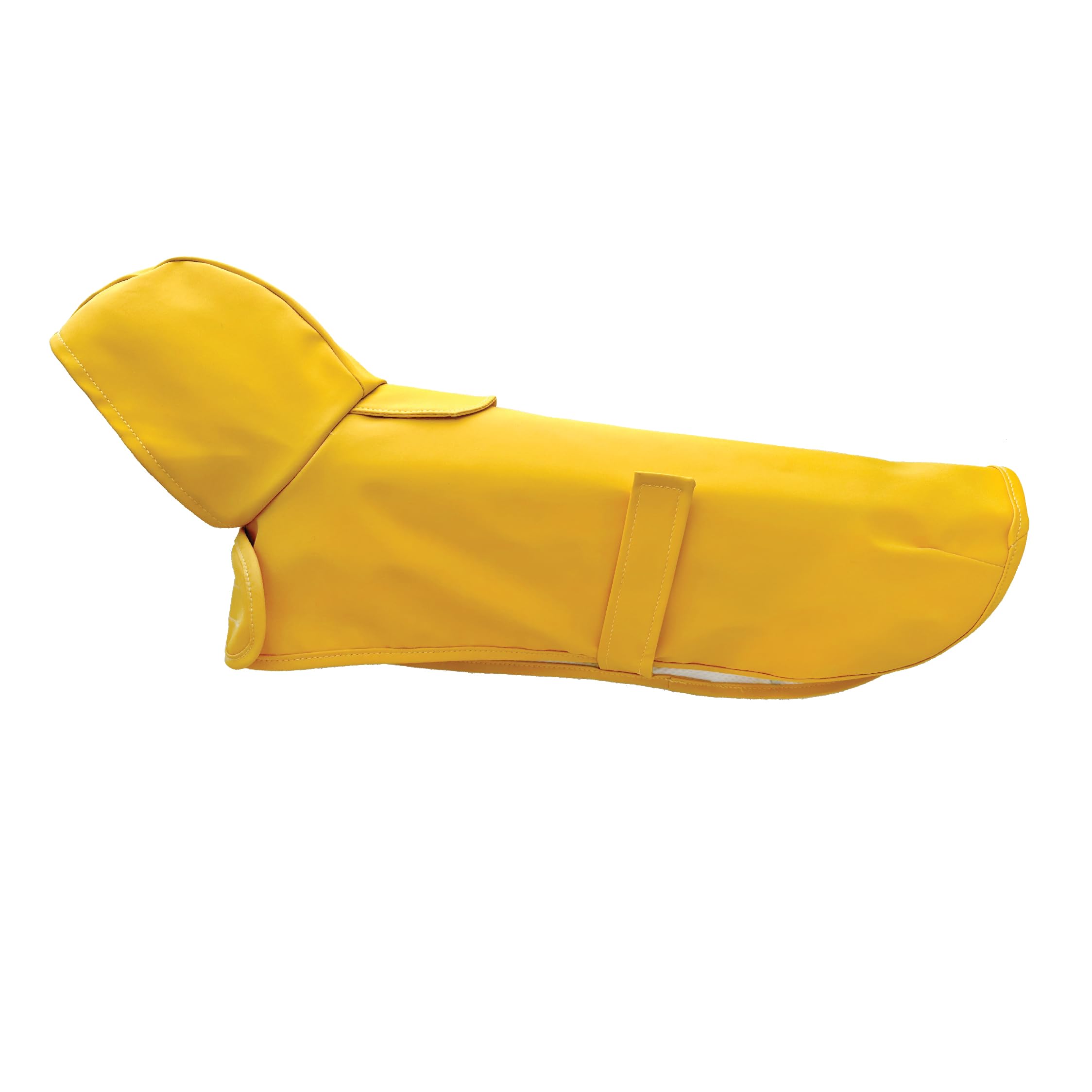 Vista lateral de la capa de lluvia Hudson Hound para dachshund amarilla XS, ajuste y protección