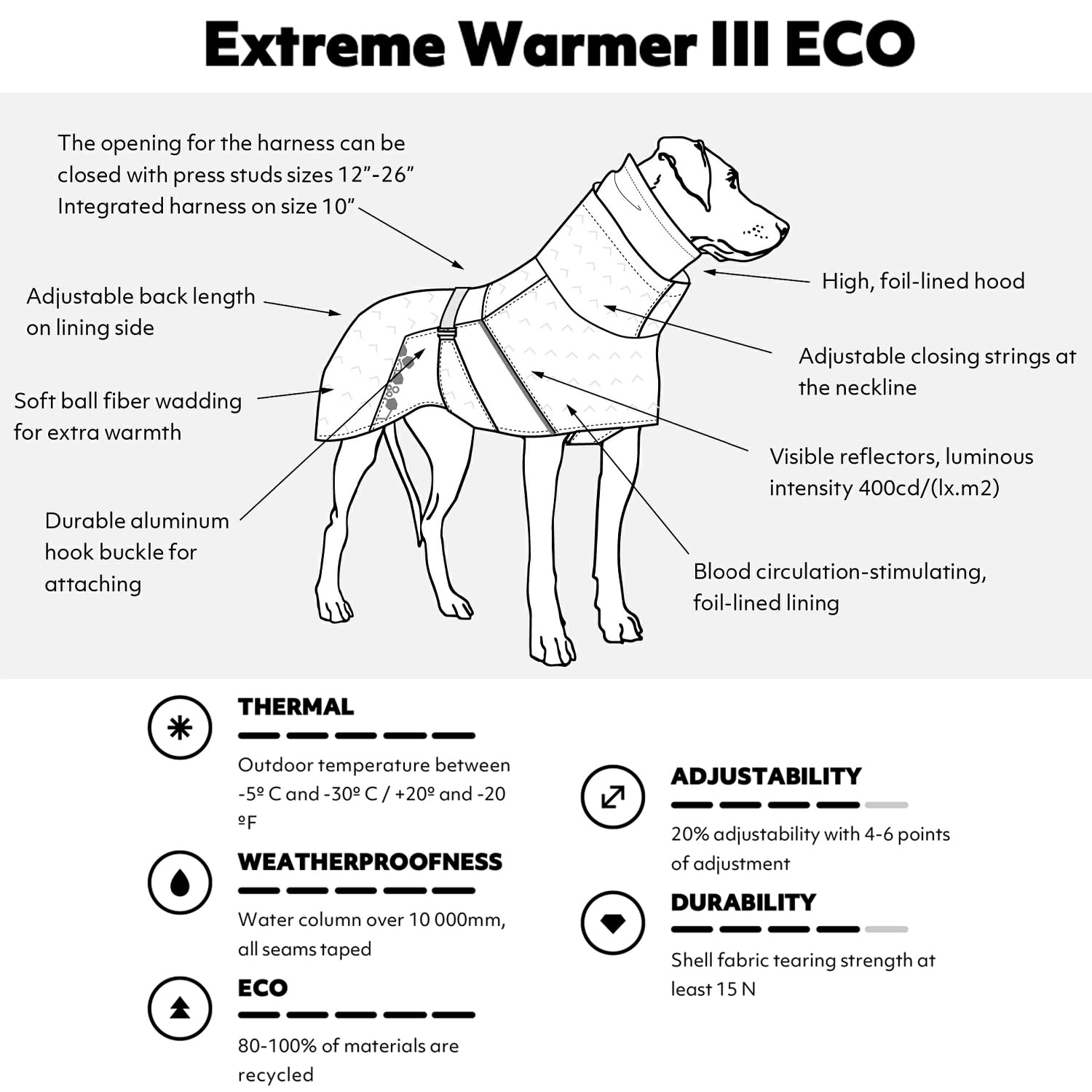 Hurtta Extreme Warmer 3 Eco, forro reflectante, ayuda a ver al perro en oscuridad.