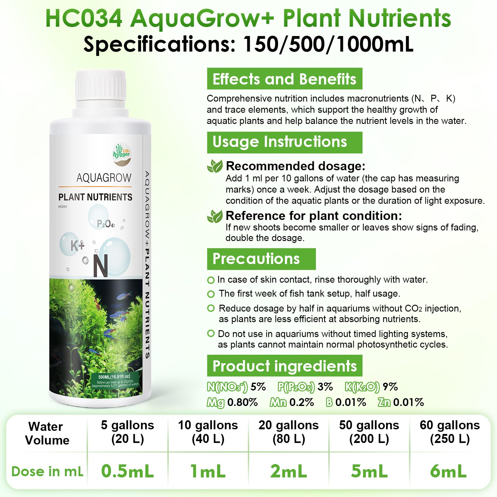 Hygger CO2 HC034 dosis 1ml por 40 litros simplifica la nutrición diaria.