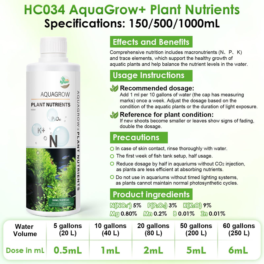 Hygger CO2 HC034 dosis 1ml por 40 litros simplifica la nutrición diaria.