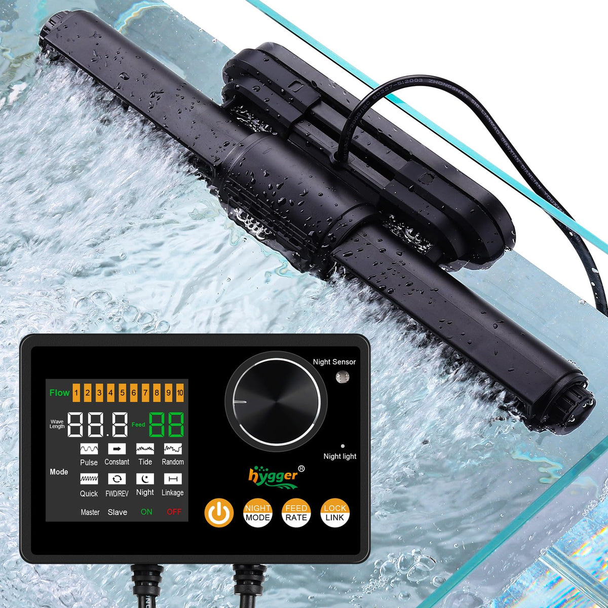 hygger mecanismo de olas inteligente para acuario, vista frontal, distribución uniforme.
