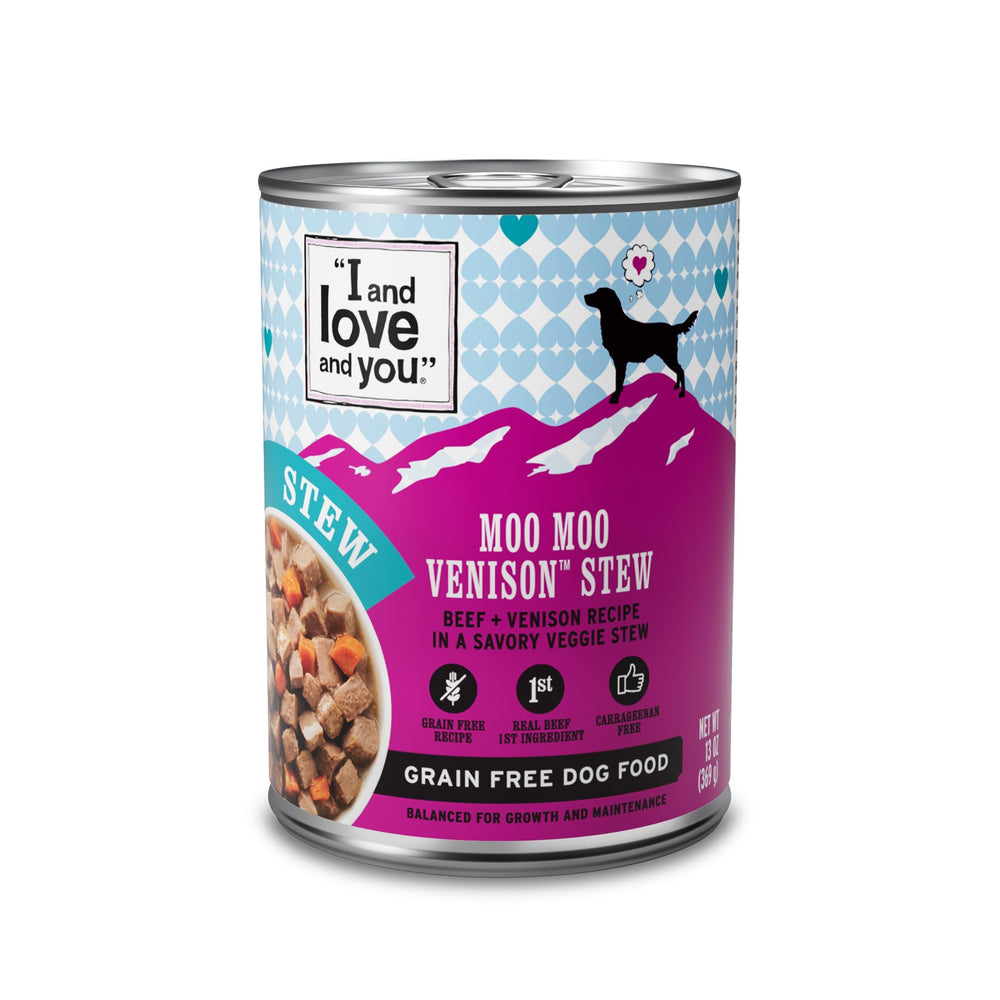 I AND LOVE AND YOU Moo Moo Venison Stew en lata frontal, sabor jugoso para perros activos.