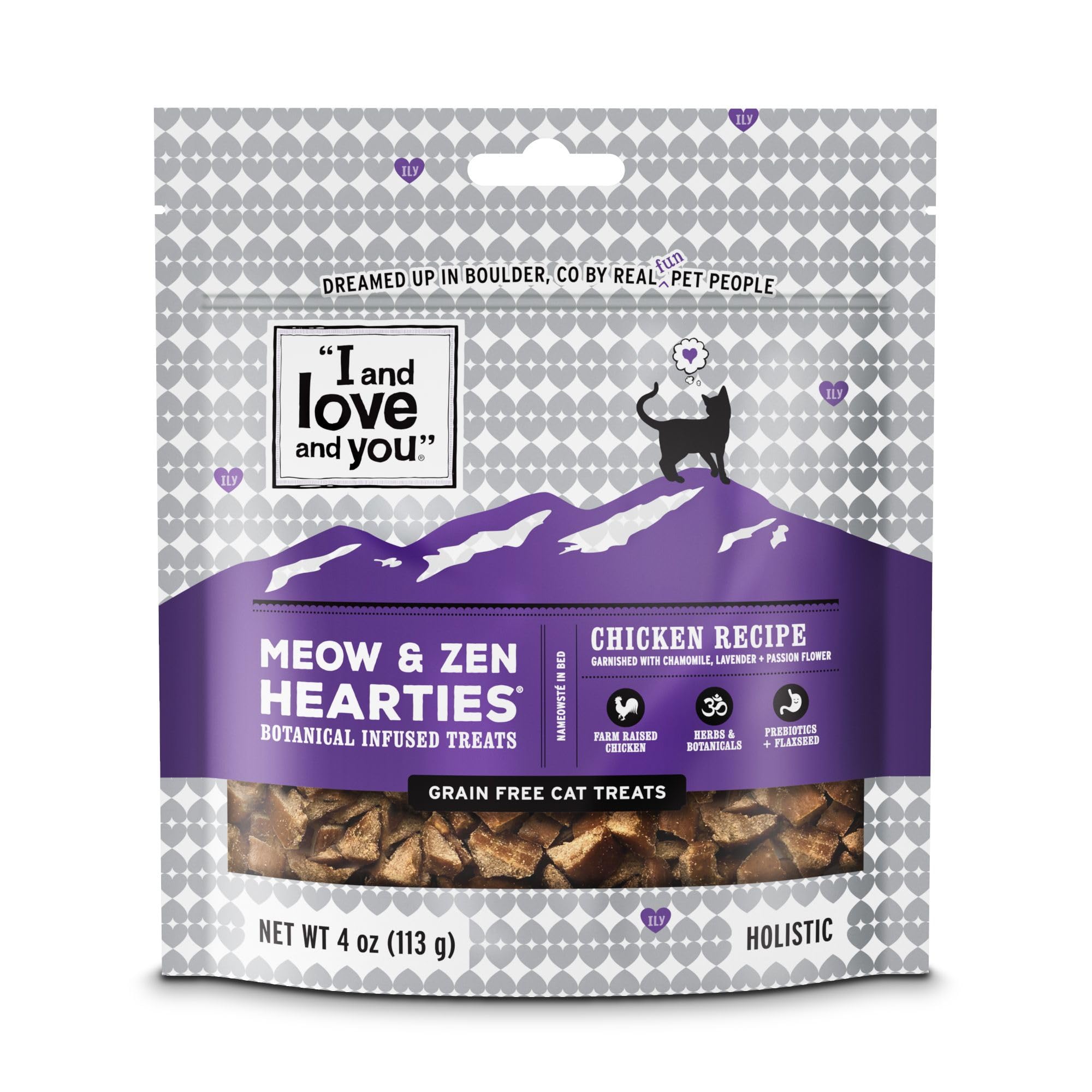 Golosinas Meow and Zen Hearties con pollo para momentos tranquilos y sabrosos.