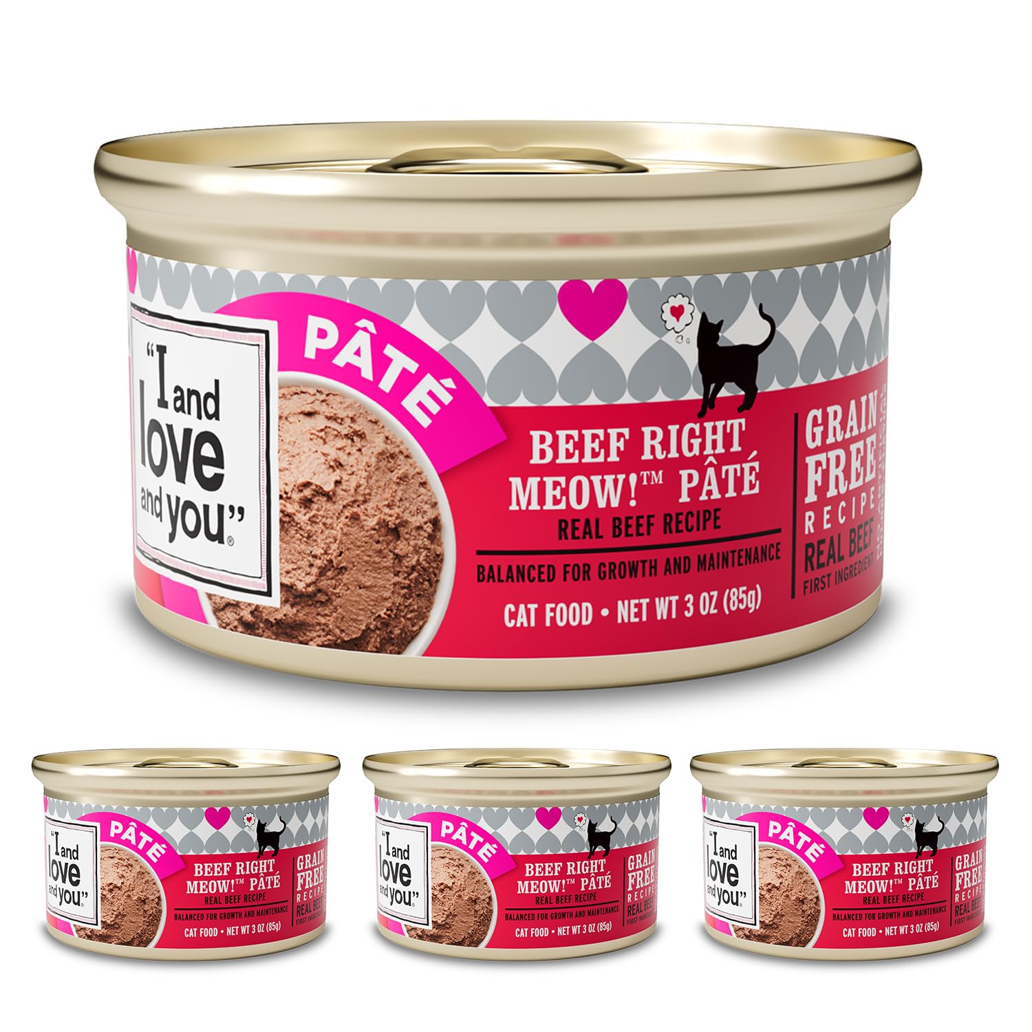 I and Love and You Right Meow Pâté Beef 4-pack latas para porciones sabrosas y nutritivas.