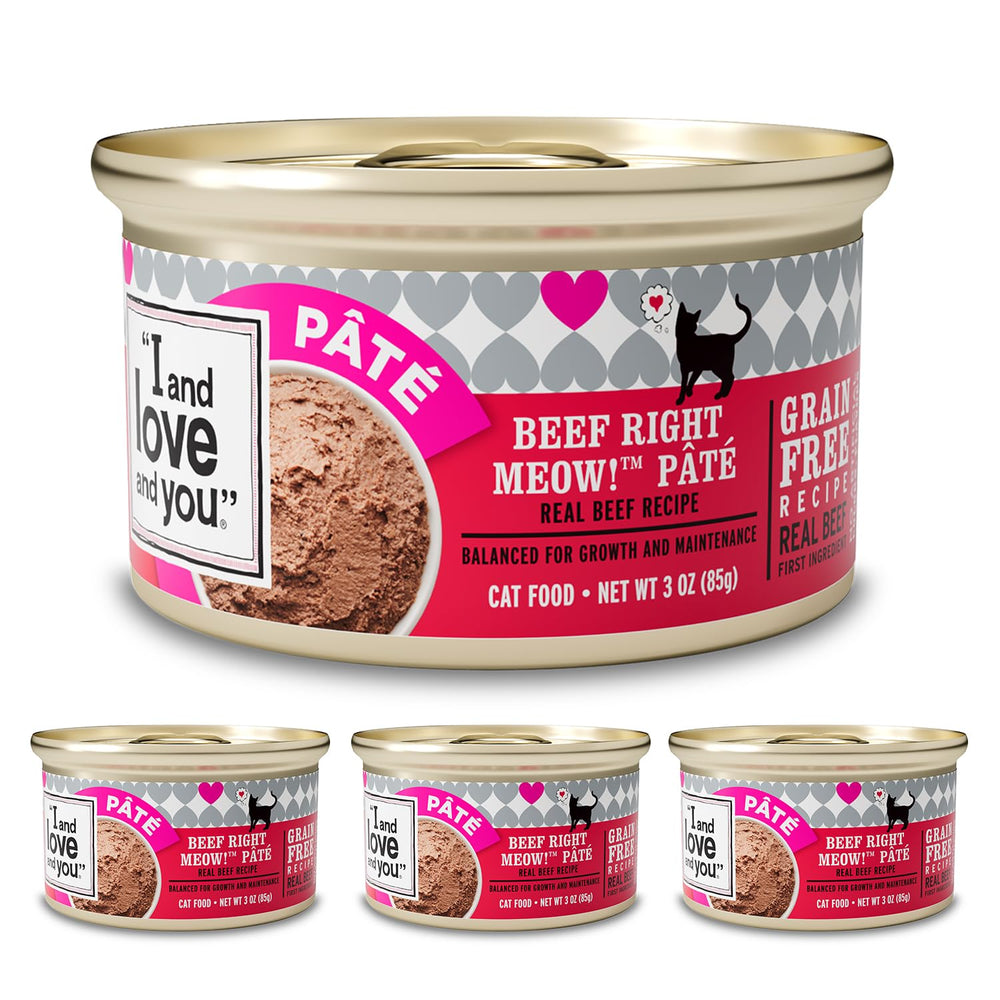 I and Love and You Right Meow Pâté Beef 4-pack latas para porciones sabrosas y nutritivas.