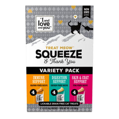 I AND LOVE AND YOU Treat Meow Variety Pack front packaging highlights 12 single-serve pouches