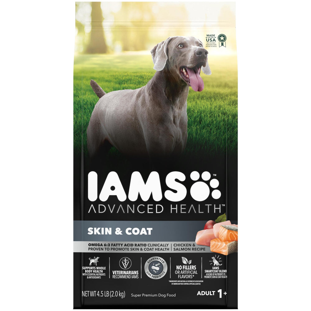 IAMS Advanced Health, piel y pelaje saludables con pollo y salmón en dieta diaria.