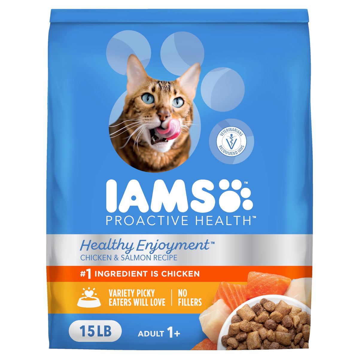 IAMS Healthy Enjoyment croquetas de pollo y salmón para gatos, sabor delicioso.