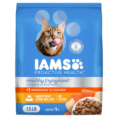 IAMS Healthy Enjoyment croquetas de pollo y salmón para gatos, sabor delicioso.