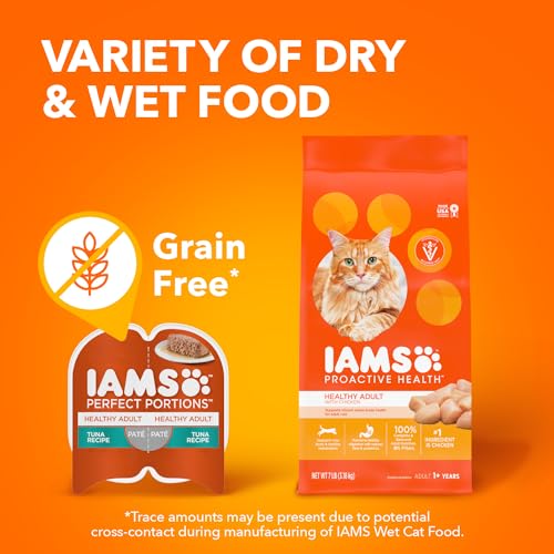 IAMS ingredientes reales de pollo y atún para gusto natural.