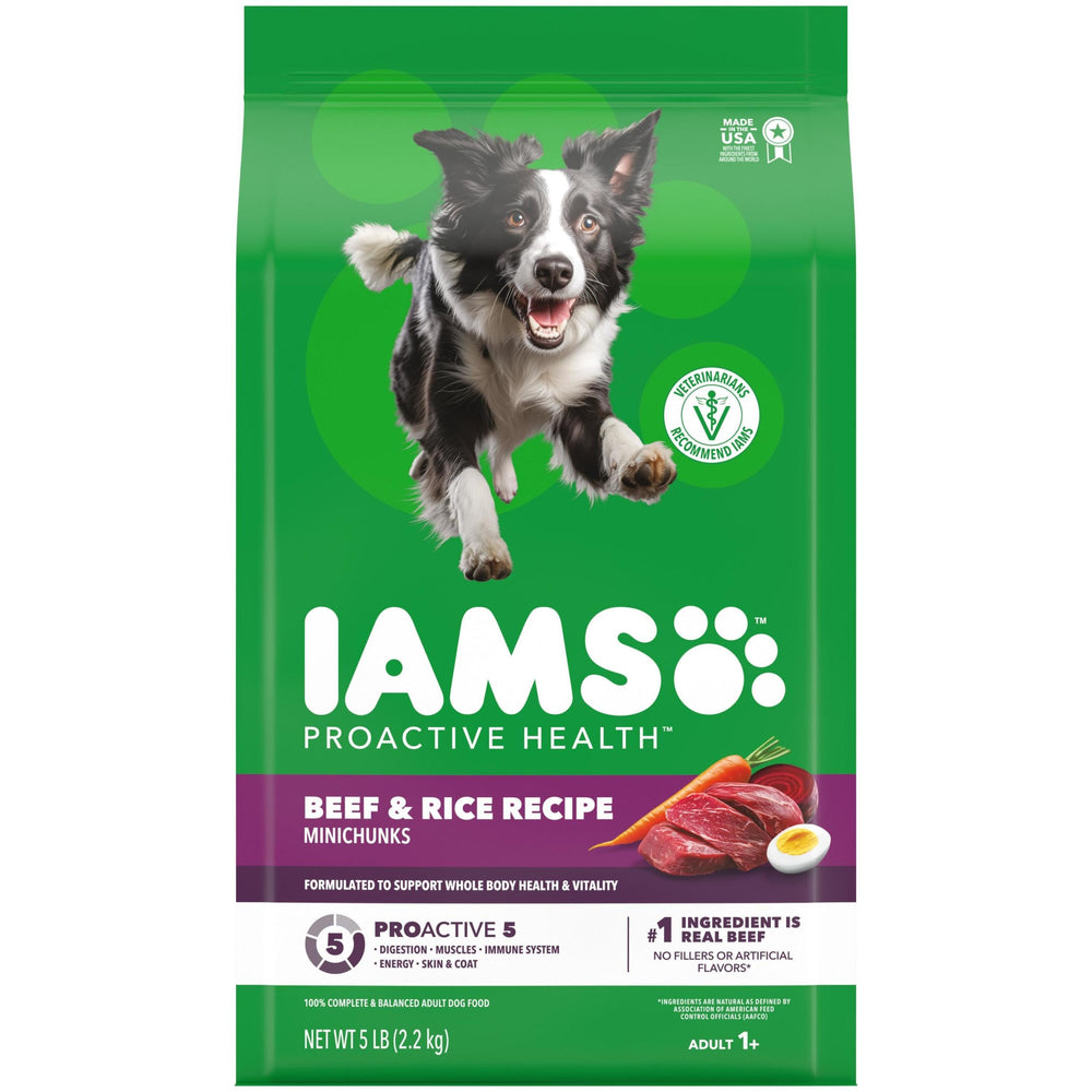 IAMS Proactive Health Minichunks Beef & Rice bag showing first ingredient beef for energy