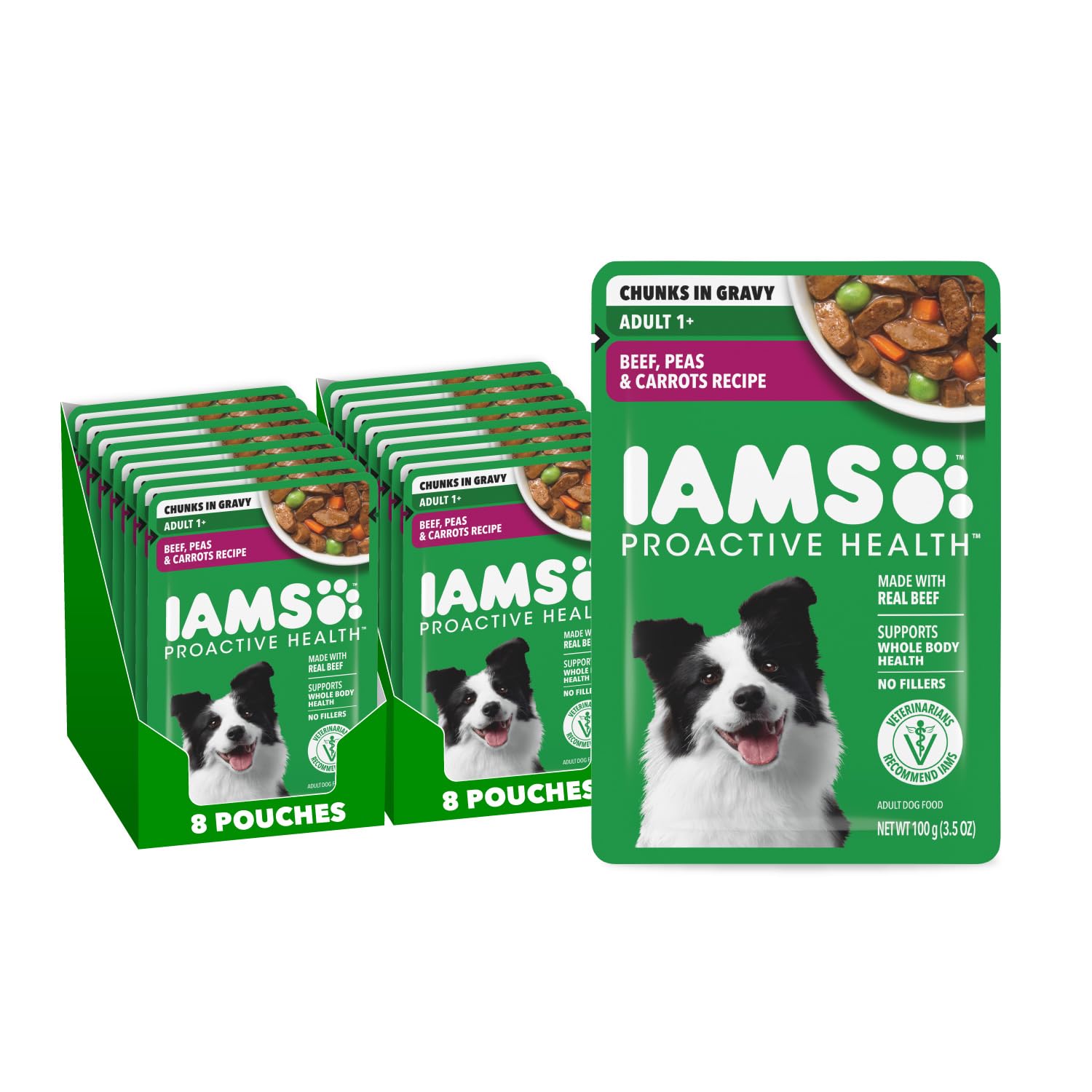 IAMS Proactive Health Adult Wet Dog Food carne real en trozos para perros, posible apoyo a músculos fuertes.
