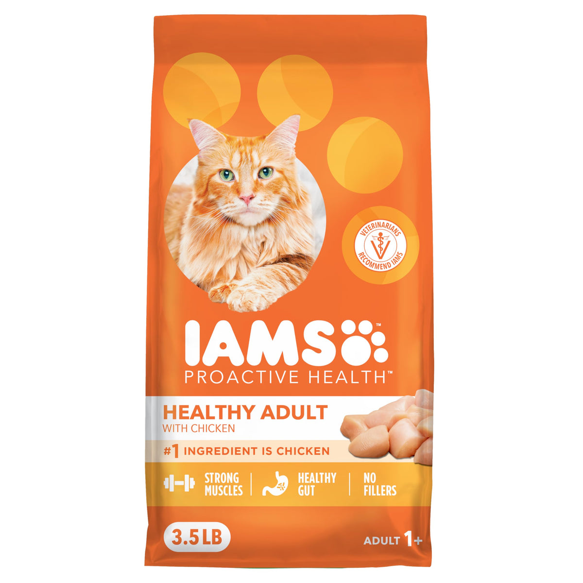 IAMS Proactive Health croquetas para gato adulto con pollo que apoyan músculos.