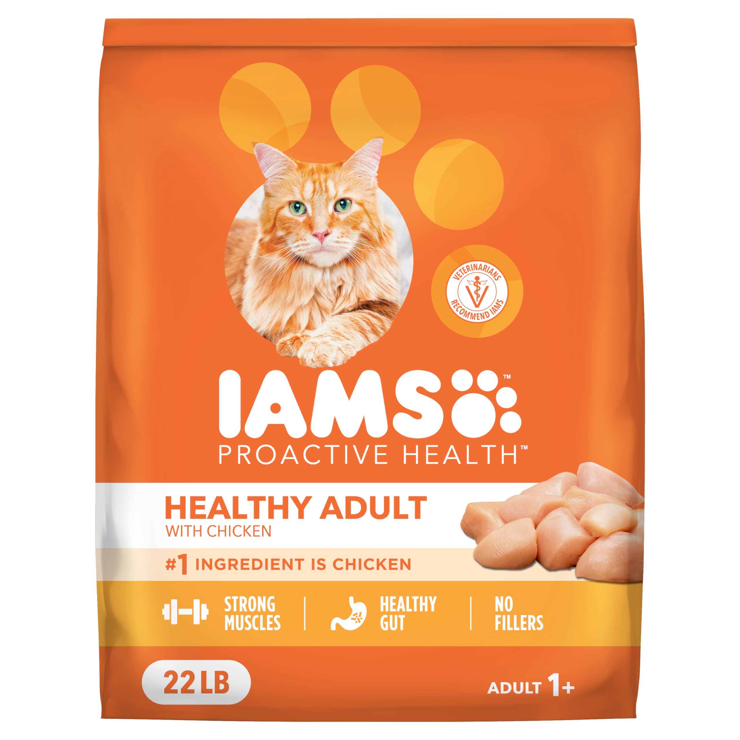 IAMS Proactive Health para gatos: bolsa frontal con croquetas que apoyan músculos.