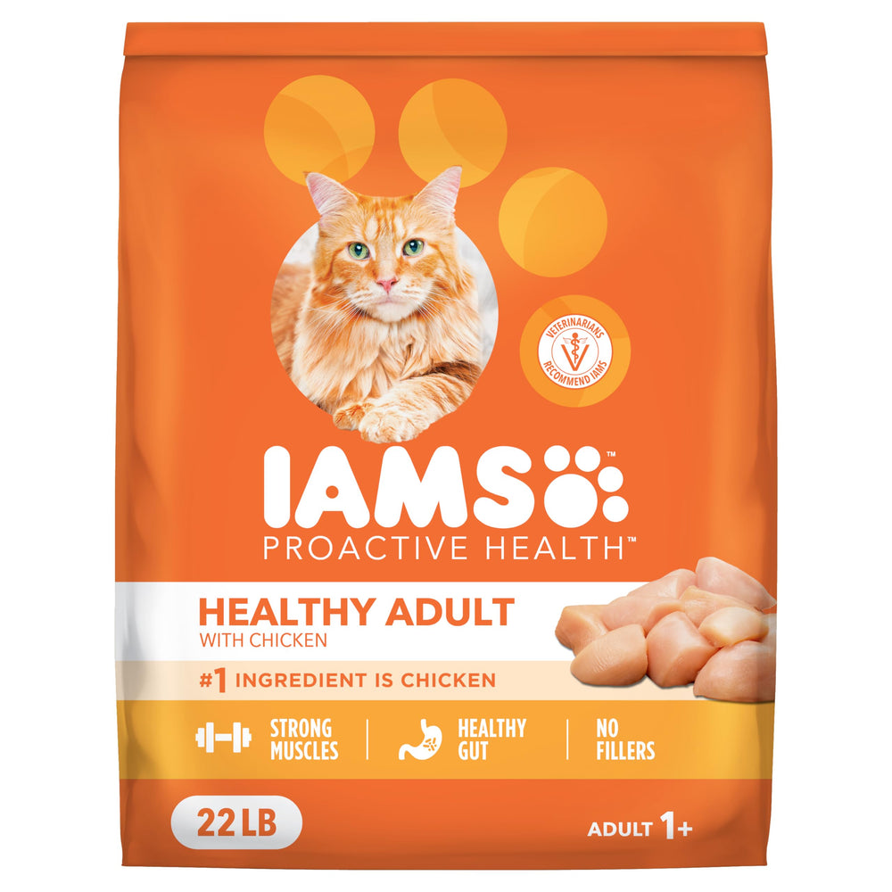 IAMS Proactive Health para gatos: bolsa frontal con croquetas que apoyan músculos.