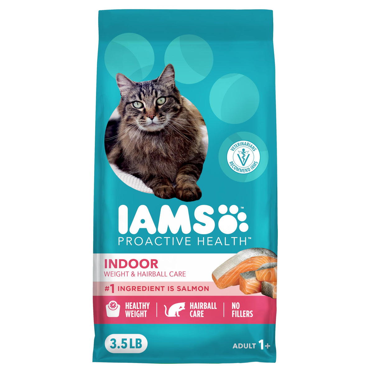 IAMS Proactive Health Indoor con salmón en croquetas secas para gatos activos.
