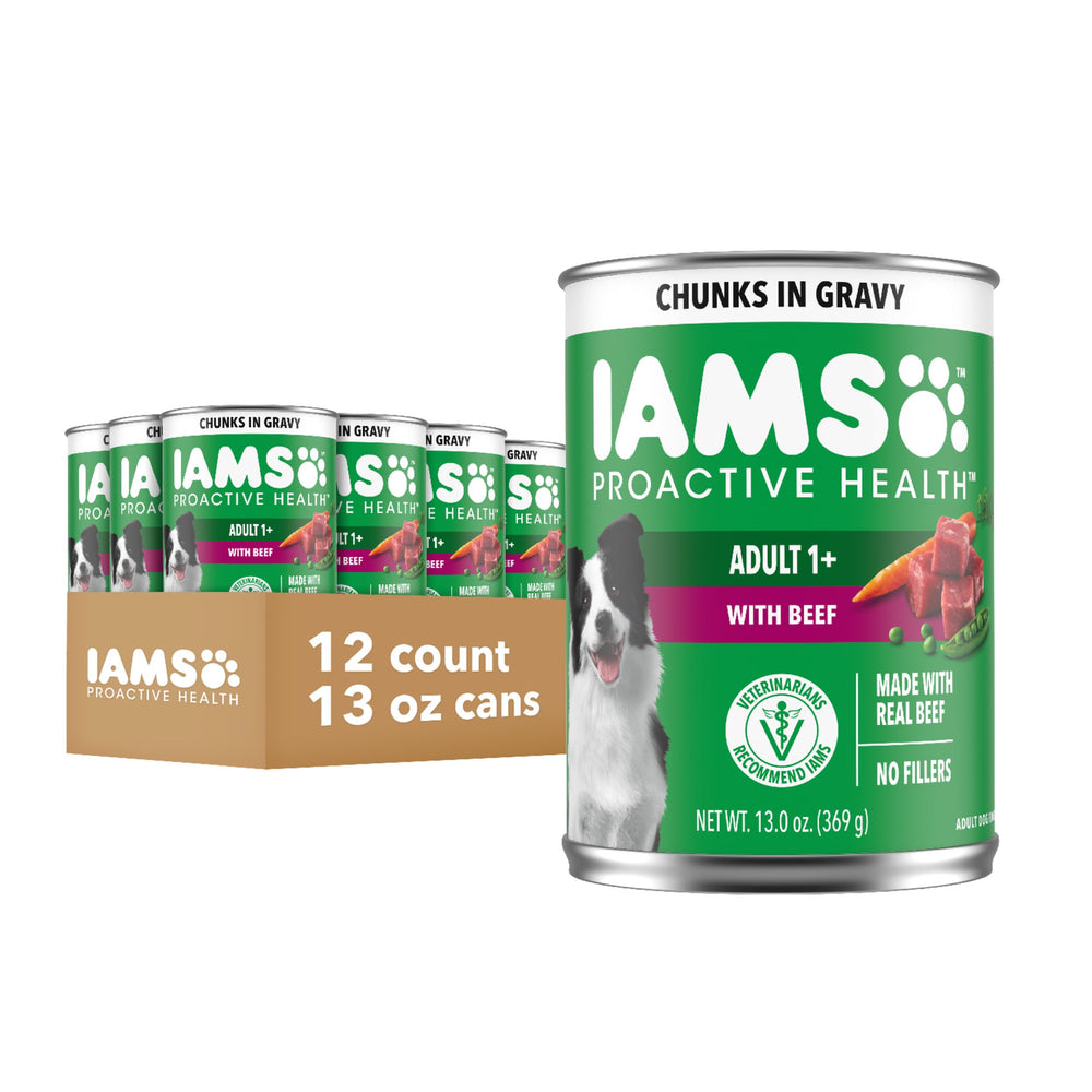 IAMS Proactive Health: lata carne real con salsa sabrosa para perros adultos.