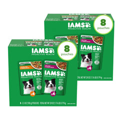IAMS Proactive Health pack con ocho bolsitas, opción conveniente para comidas diarias.
