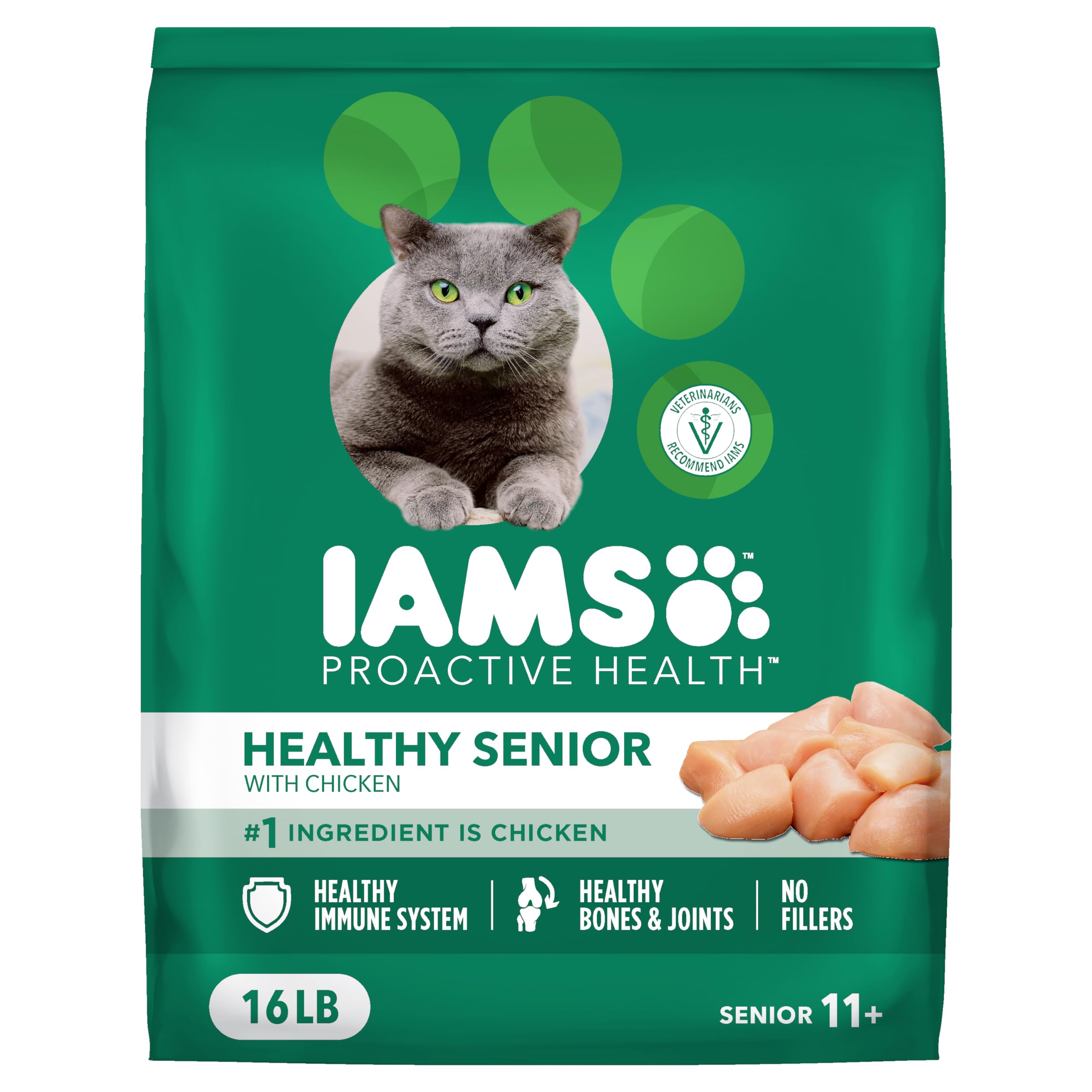 IAMS Proactive Health Senior, frente del empaque: pollo real en cada porción para gatos mayores.
