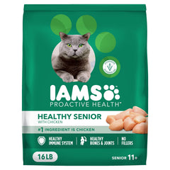 IAMS Proactive Health Senior, frente del empaque: pollo real en cada porción para gatos mayores.