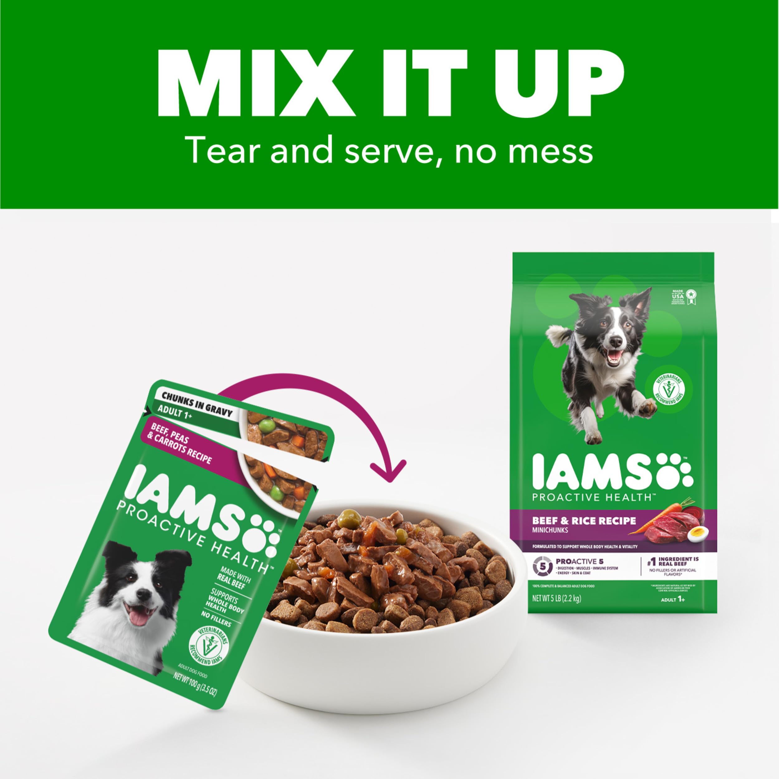 Topping para croquetas IAMS Proactive Health para mejorar textura y palatabilidad.