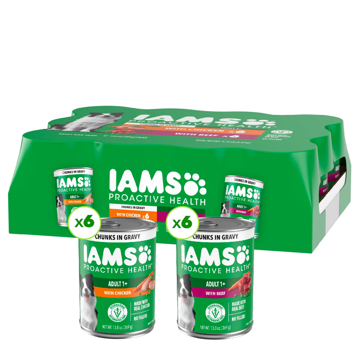 IAMS Proactive Health trozos de pollo en salsa, lata: sabor jugoso para perros activos.