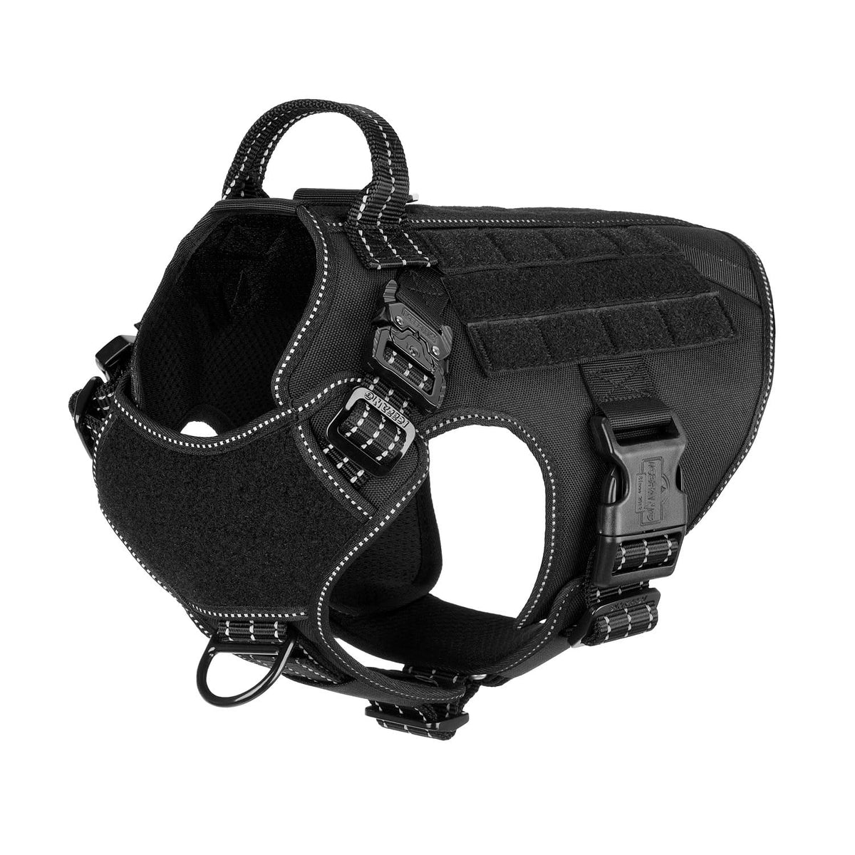 Arnés táctico ICEFANG para perro, vista frontal, ofrece control seguro en paseos.