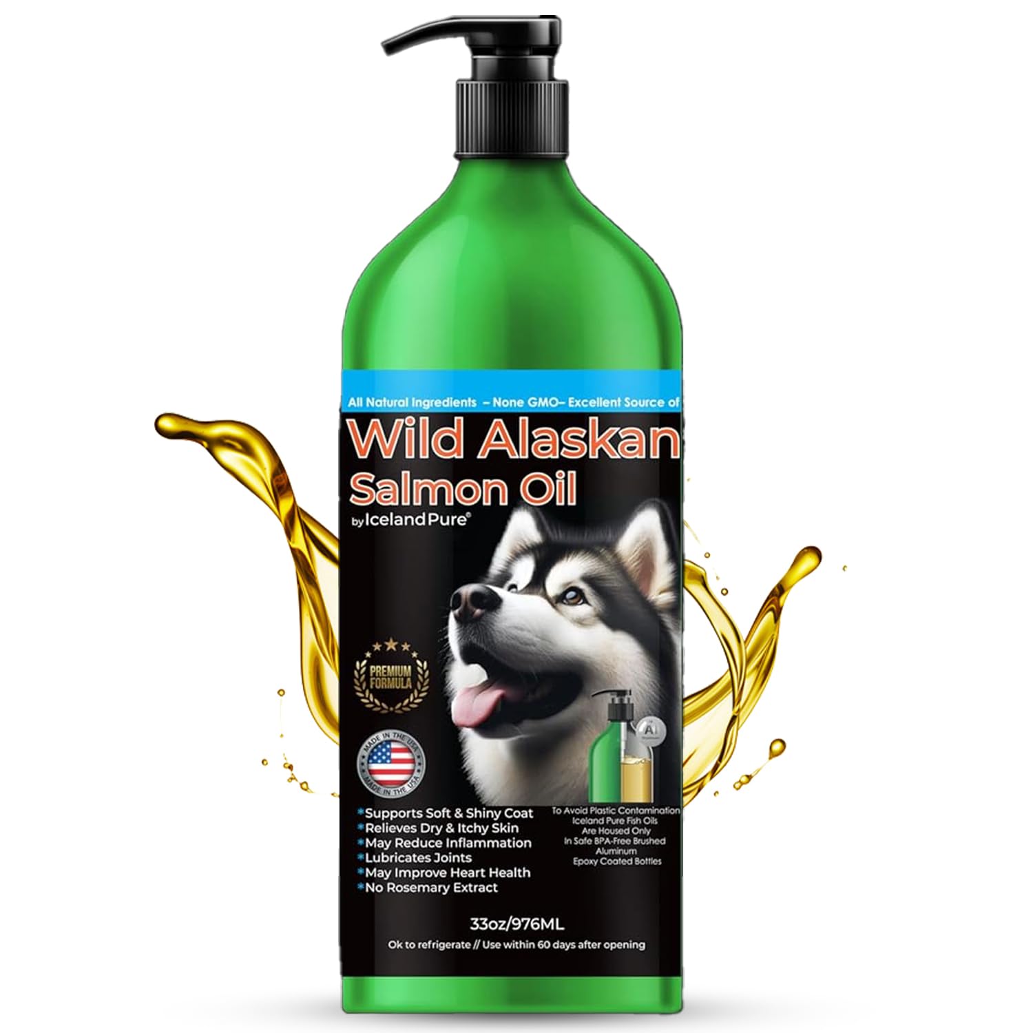 Iceland Pure Aceite de salmón salvaje para perros y gatos; pelaje sano y piel calmada.