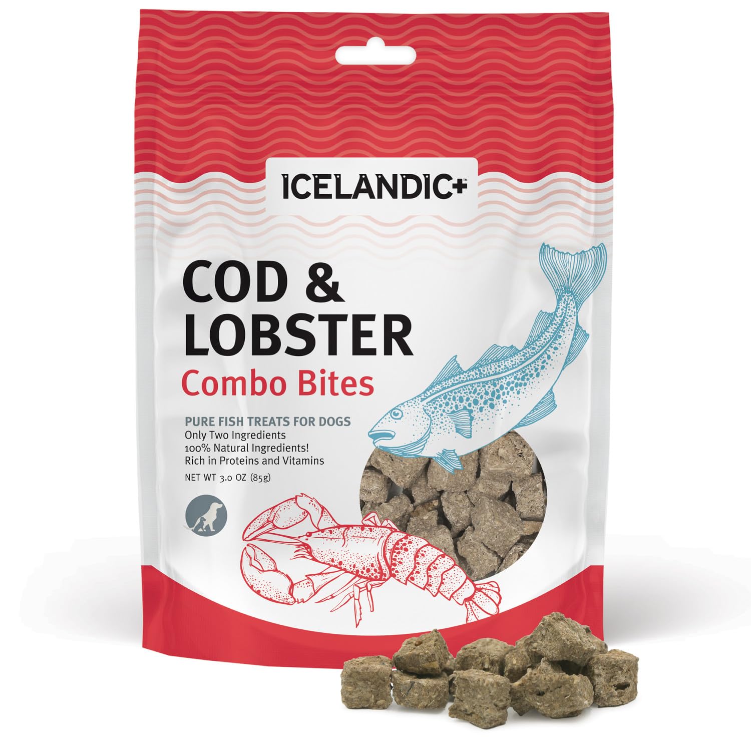 Icelandic+ Bocados de bacalao y langosta en bolsa de 85 g para perro.