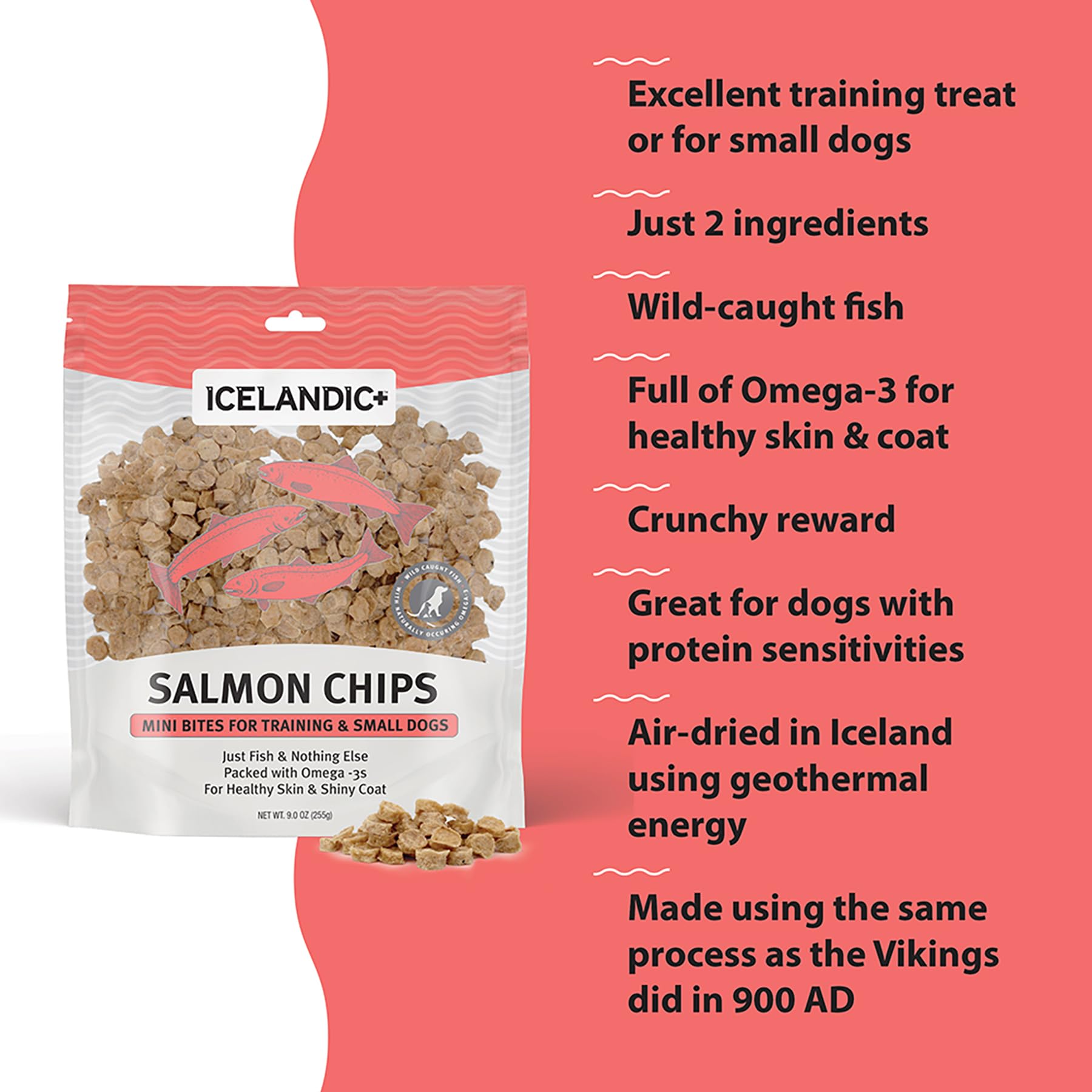 Icelandic+ Mini Fish Chips Salmón, textura crujiente para la higiene dental.