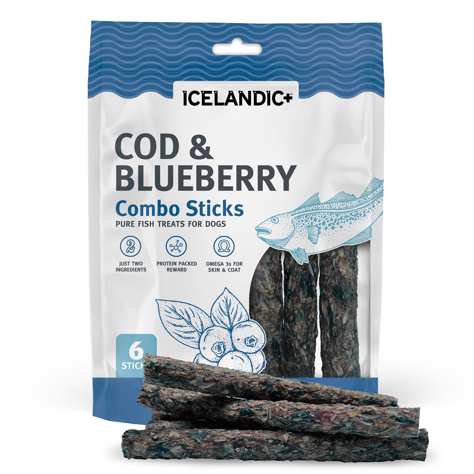 Icelandic+ Bastones con bacalao y arándano; empaque de 2oz; snack natural para perros